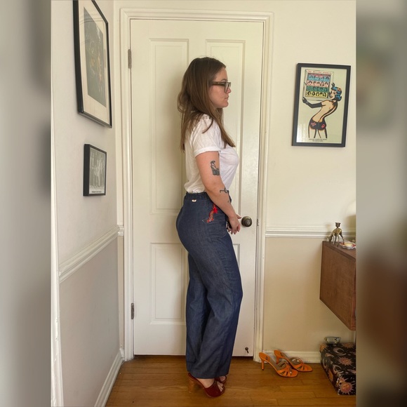60s Vintage Denim Kick Flares with Star Heart Patched Pockets - Picture 4 of 12